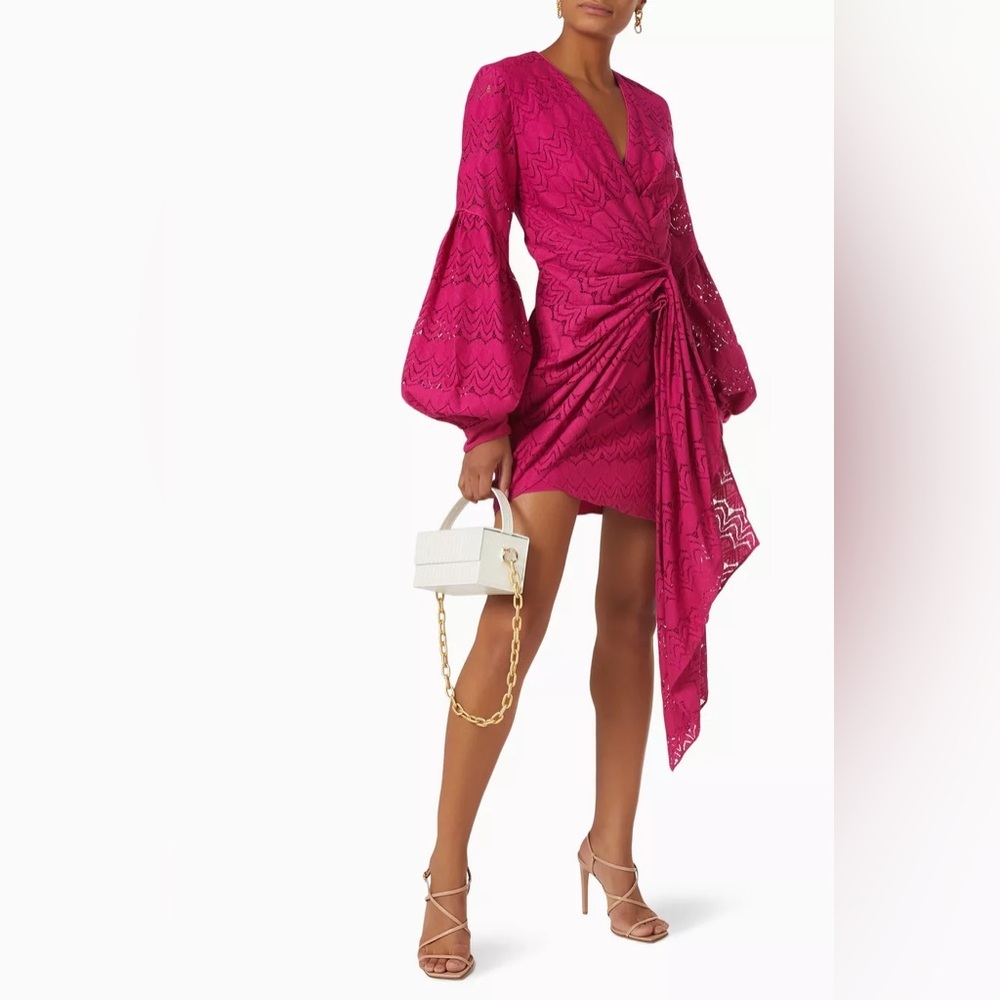 Acler Hanley Pink Draped Lace Long-Sleeve Mini Dress